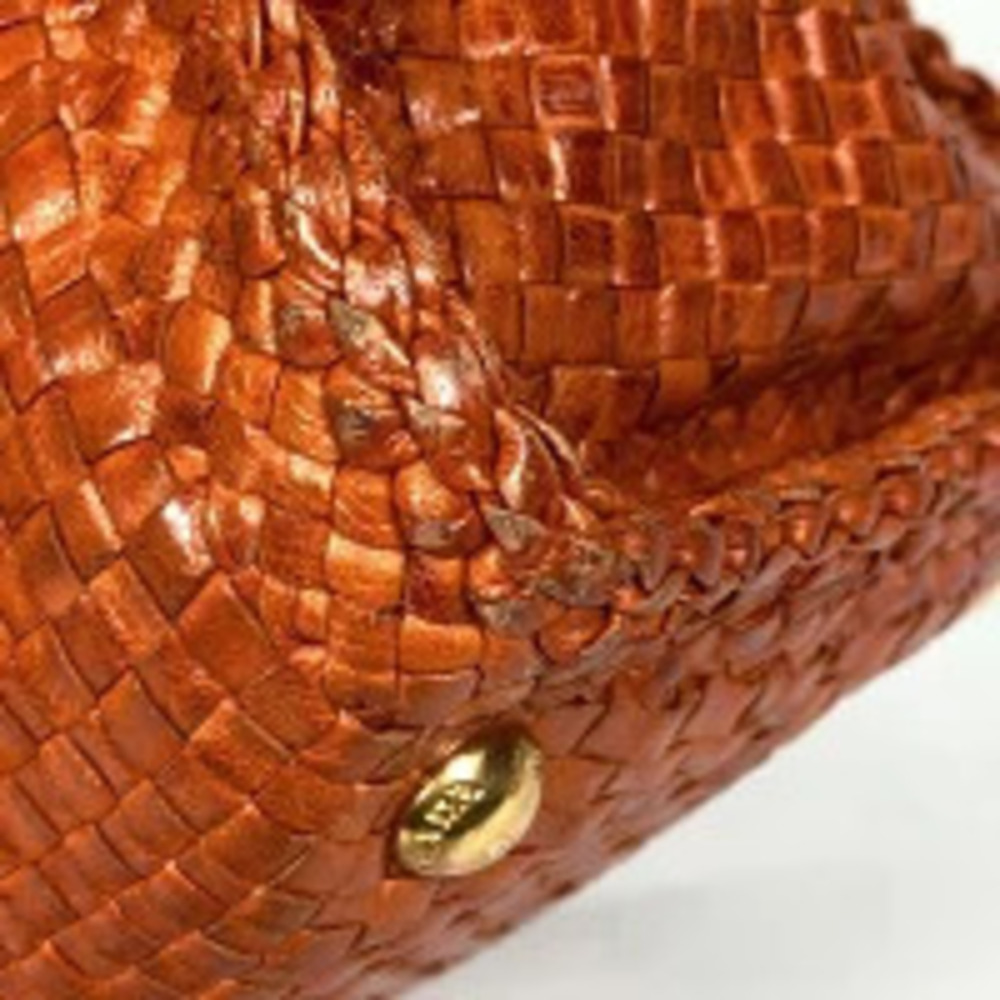 Prada Plate Tote Bag Madras Shoulder Woven Leather Orange - Picture 3 of 7